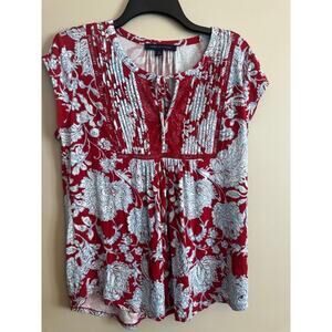 Tommy Hilfiger Paisley Blouse Medium Red Boho Peasant Top Lace Detail Summer